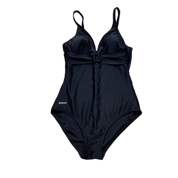 Ladies Speedo Black One Piece Swim Suit with Faux Belt Size 10 - Picture 1 of 10